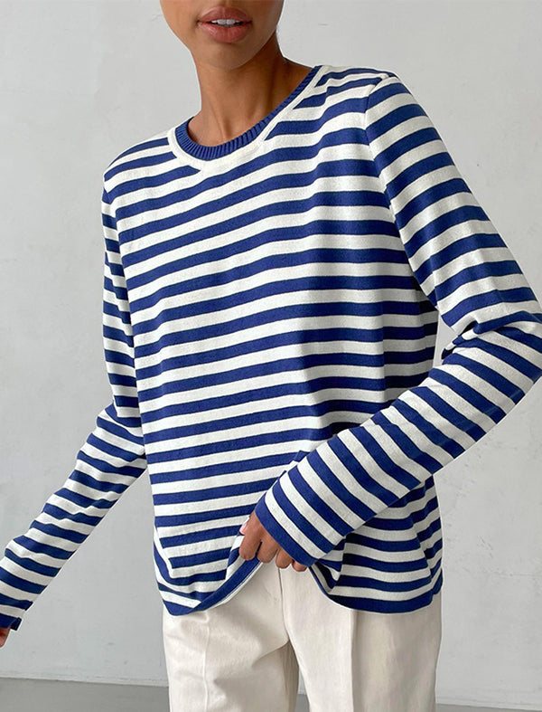 Long Sleeves Loose Split-Joint Striped Round-Neck Sweater Tops