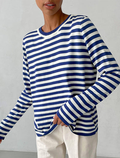 Long Sleeves Loose Split-Joint Striped Round-Neck Sweater Tops