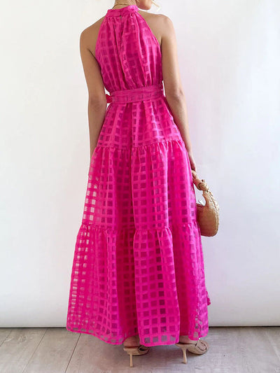 Loose Sleeveless Plaid Ribbed Stand Collar Maxi Dresses
