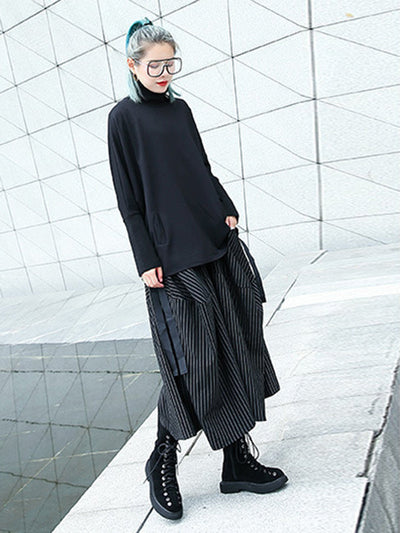High Waisted Loose Elasticity Pockets Striped Culotte Pants