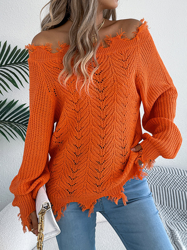 Long Sleeves Hollow Knitted Leaves Ribbed Knit See-Through Solid Color Off-The-Shoulder Sweater Tops