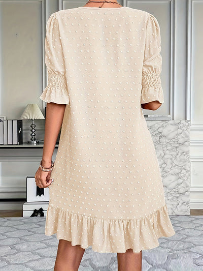 A-Line Flared Sleeves Elasticity Jacquard Pleated Solid Color Split-Joint V-Neck Mini Dresses
