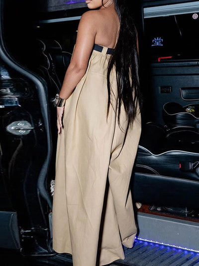 Loose Sleeveless Belted Pleated Pockets Solid Color Tube Jumpsuits