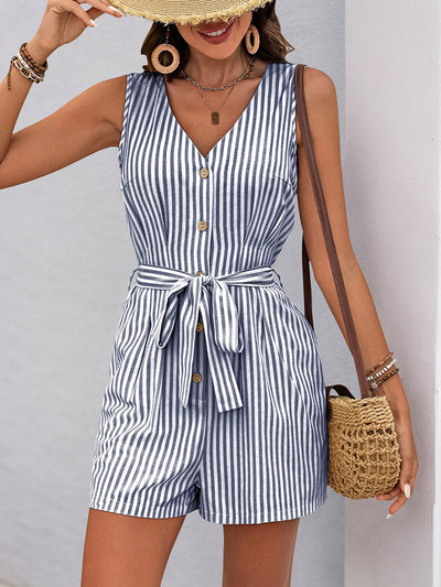 Elasticated Waist High Waisted Buttoned Pockets Striped Tied Waist V-Neck Rompers