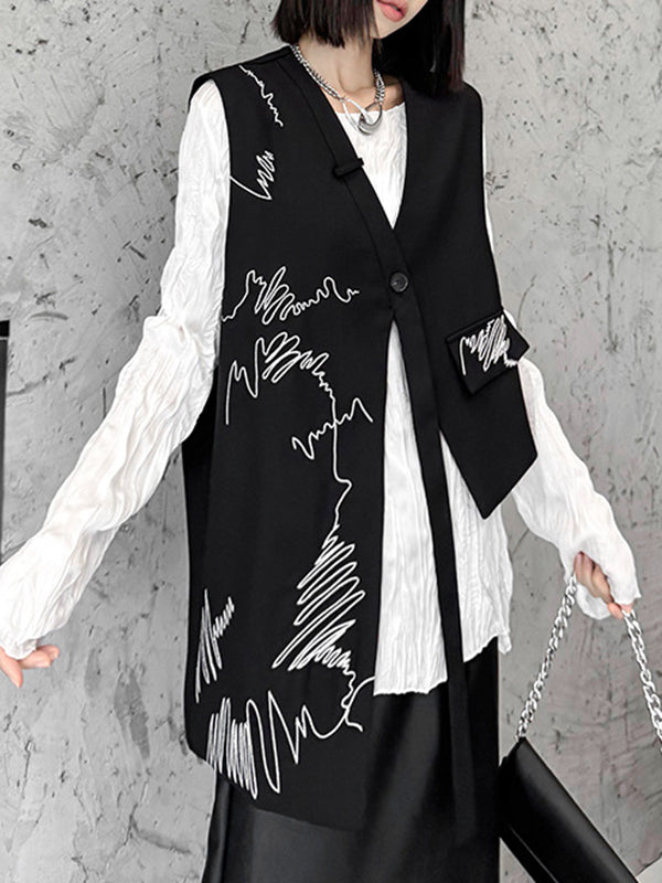 Sleeveless Asymmetric Buttoned Embroidered V-Neck Vest Top