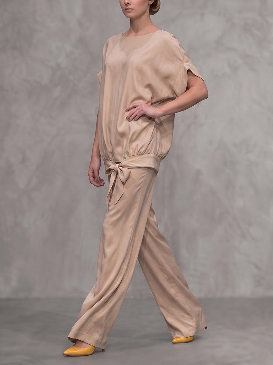 Loose Short Sleeves Pleated Solid Color Split-Joint Tied Round-Neck Blouses&Shirts Tops