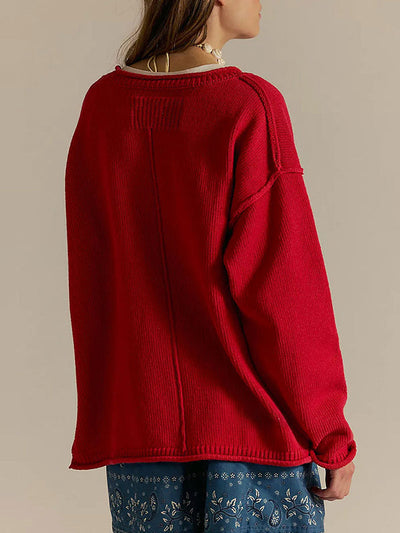 Long Sleeves Loose Solid Color Split-Joint Round-Neck Sweater Tops