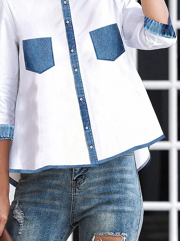 A-line High-low Buttoned Pockets Mock Neck Blouses&shirts Tops
