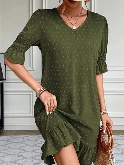 A-Line Flared Sleeves Elasticity Jacquard Pleated Solid Color Split-Joint V-Neck Mini Dresses