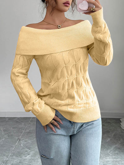 Long Sleeves Solid Color Split-Joint Off-The-Shoulder Pullovers Sweater Tops