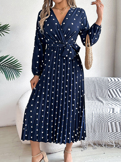 A-Line High Waisted Elasticity Pleated Polka-Dot Split-Joint Tied Waist V-Neck Midi Dresses Shirt Dress