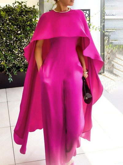 Cape Loose Pockets Solid Color Round-Neck Jumpsuits