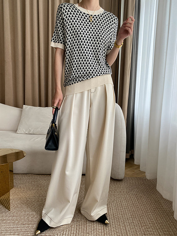 Half Sleeves Houndstooth Round-Neck Sweater Tops