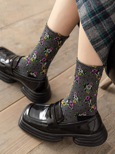 5 Pairs Spring Autumn National Vintage Artsy Jacquard Socks