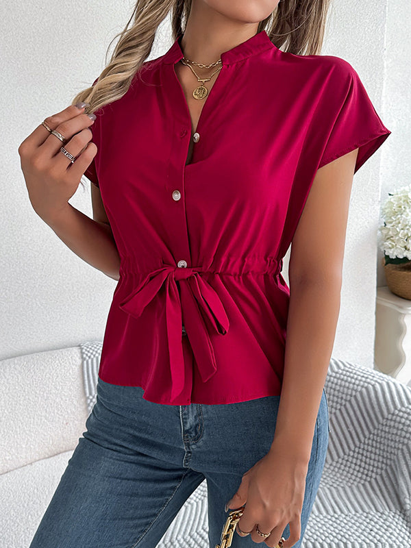 Short Sleeves Buttoned Comfort Solid Color Tied Waist Stand Collar Blouses&Shirts Tops
