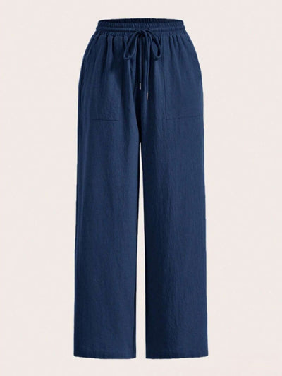 High Waisted Wide Leg Elasticity Pleated Pockets Solid Color Tied Waist Pants Trousers