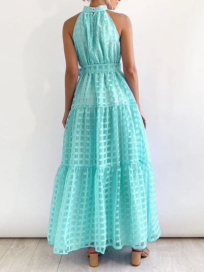 Loose Sleeveless Plaid Ribbed Stand Collar Maxi Dresses