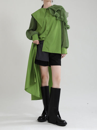 Long Sleeves Loose Asymmetric Pleated Solid Color Split-Joint Falbala Lapel Blouses&Shirts Tops
