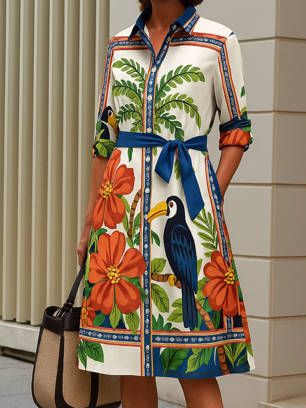 A-Line Long Sleeves Buttoned Contrast Color Flower Print Pockets Tied Waist Lapel Midi Dresses