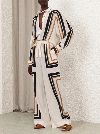 Loose Wide Leg Plaid Striped Tied Waist Casual Pants Bottoms Trousers