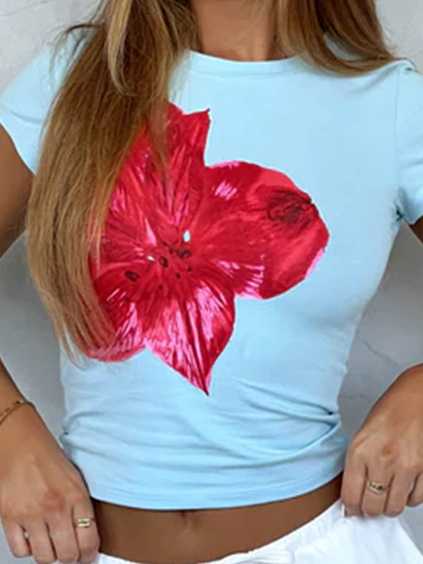 Short Sleeves Skinny Flower Print Round-Neck T-Shirts Tops