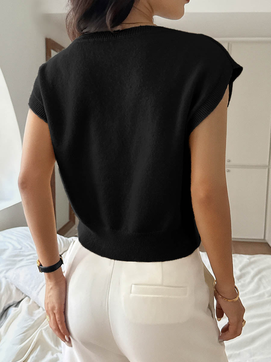Short Sleeves Flower-Embellished Solid Color Split-Joint One-Shoulder Sweater Tops