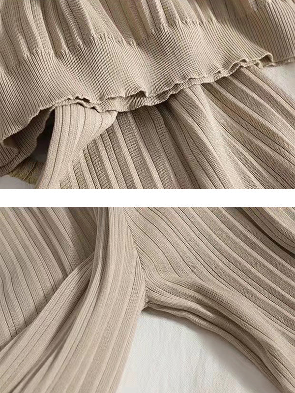 Loose Knitting Raglan Sleeve Solid Color V-Neck Sweater Top + Pants Two Pieces Set