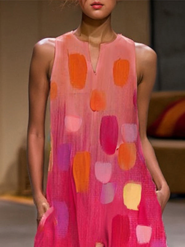 Loose Sleeveless Printed Split-Joint Round-Neck Jumpsuits