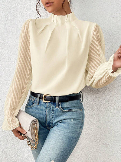 Long Sleeves Loose Elasticity Mesh Pleated Solid Color Mock Neck Blouses&Shirts Tops