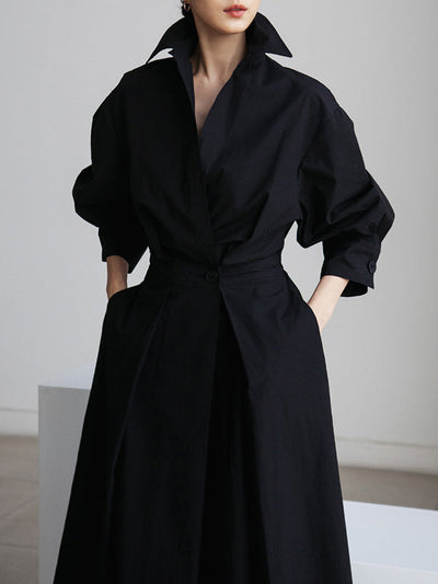 Long Sleeves Loose Buttoned Solid Color Lapel Midi Dresses