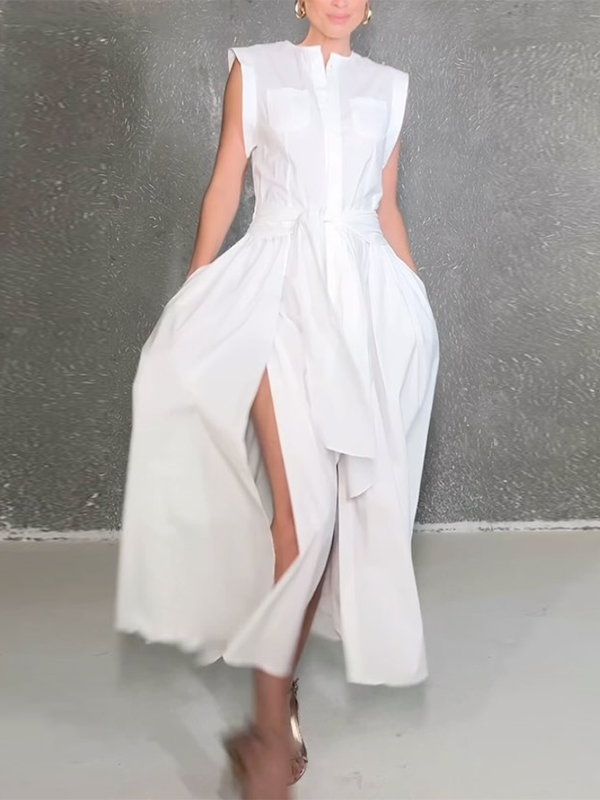 Cap Sleeve Loose Buttoned Solid Color Split-Side Tied Waist Maxi Dresses Shirt Dress