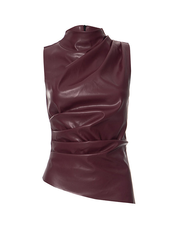 Skinny Sleeveless Asymmetric Pleated Solid Color Mock Neck Vest Top