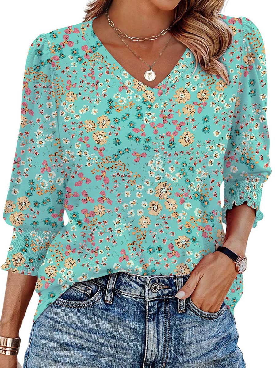 Long Sleeves Loose Contrast Color Pleated Printed Split-Joint V-Neck T-Shirts Tops