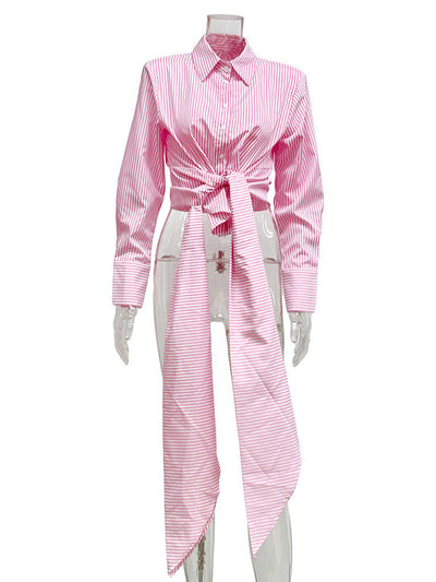 Long Sleeves Loose Asymmetric Split-Joint Striped Lapel Blouses