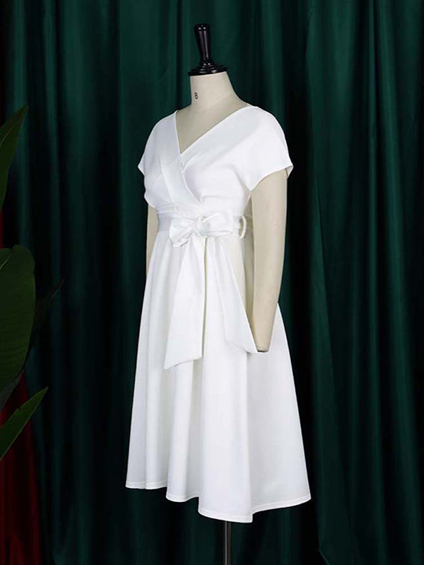 Bowknot Lace-Up Solid Color V-Neck Midi Dresses