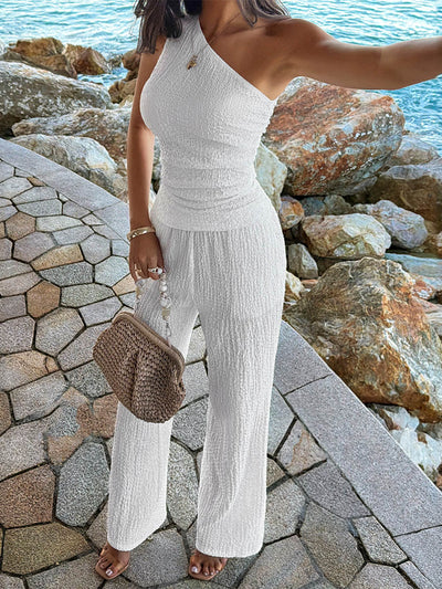 High Waisted Solid Color Textured One-Shoulder Blouses&Shirts Tops +  Column Pockets Pants Two Pieces Set