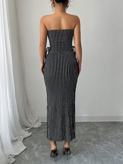 Sleeveless Contrast Color Striped Tube Top + Split-Side Drawstring Bodycon Skirts Bottom Two Pieces Set
