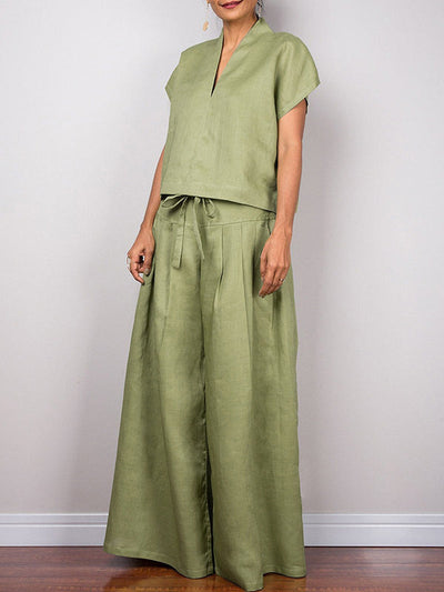High Waisted Loose Drawstring Pleated Solid Color Split-Joint Pants Trousers