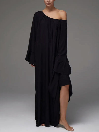 A-Line Flared Sleeves Pleated Solid Color Split-Joint Round-Neck Maxi Dresses