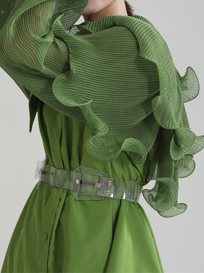 Long Sleeves Loose Asymmetric Pleated Solid Color Split-Joint Falbala Lapel Blouses&Shirts Tops