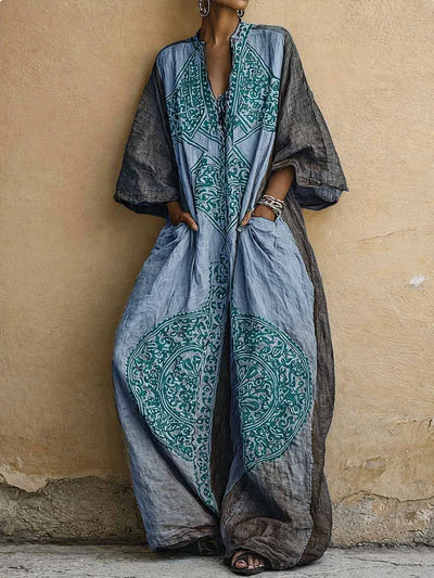 Loose Three-Quarter Sleeves Contrast Color Ethnic Printed Pockets V-Neck Jumpsuits