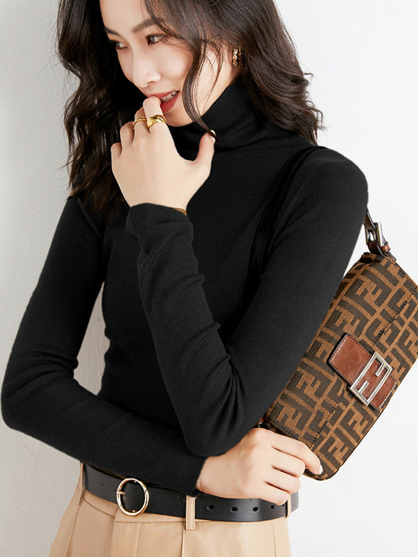 Simple Skinny Long Sleeves Solid Color High-Neck Sweater Tops Pullovers