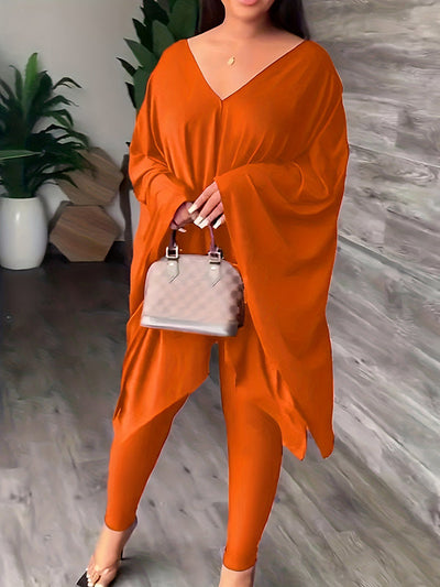 Batwing Sleeves Loose Solid Color V-Back V-Neck Shirts Tops&Pants Two Pieces Set