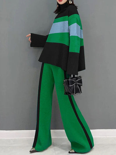 Flared Sleeves Long Sleeves Contrast Color Ribbed Knit Split-Joint Striped High Neck Two Pieces Set