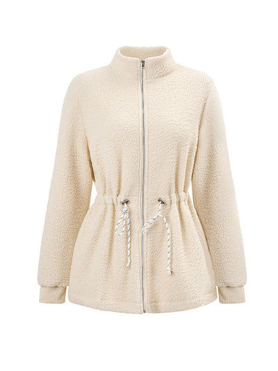 Long Sleeves Loose Drawstring Solid Color Velvet Zipper Stand Collar Outerwear