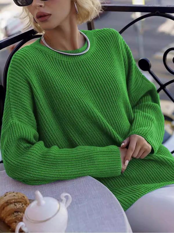 Long Sleeves Loose Solid Color Split-Joint Round-Neck Sweater Tops