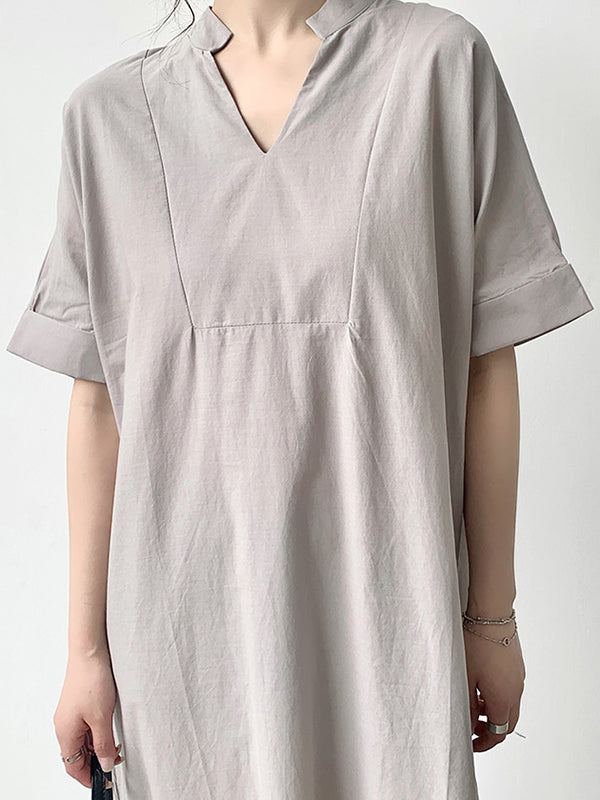Loose Short Sleeves Solid Color V-Neck Maxi Dresses