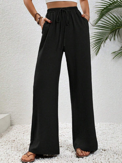 High Waisted Loose Elasticity Pleated Solid Color Tied Waist Pants Trousers