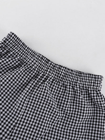 Loose  Contrast Color Plaid Ruffled Split-Joint  Long Sleeves Buttoned Lapel Blouses&Shirts Tops + Pants Two Pieces Set