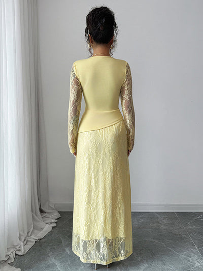 A-Line Irregularity Asymmetric Flower Print Layered See-Through Solid Color Split-Joint Round-Neck Maxi Dresses